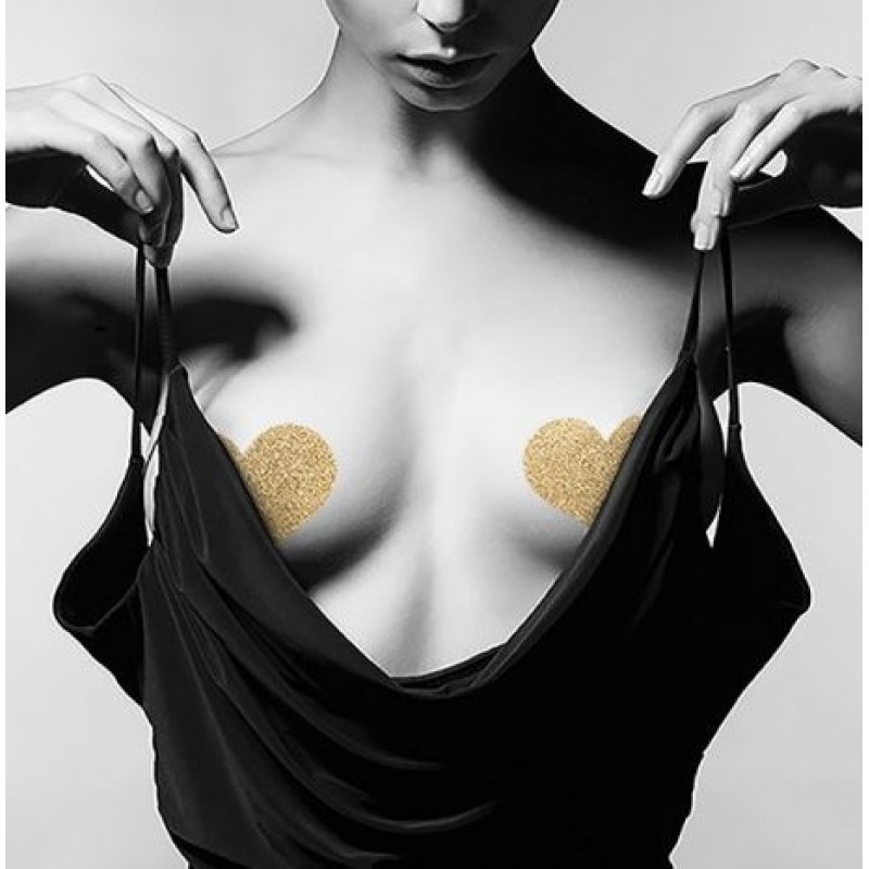 Bijoux Indiscrets Flash Heart Glitter Pasties Skin Jewelry Reusable Nipple Cover - Gold